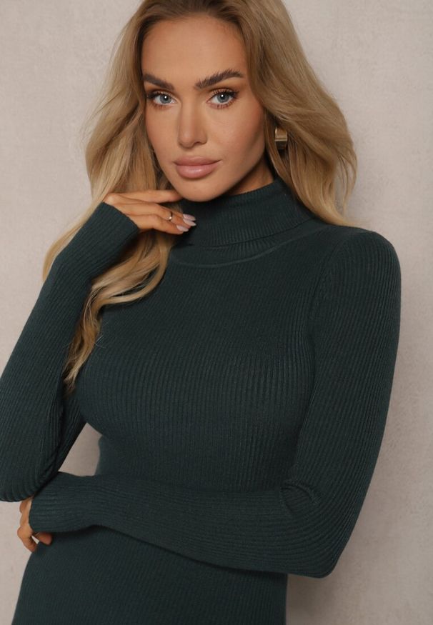 Renee - Ciemnozielona Prążkowana Sukienka o Dopasowanym Kroju z Golfem Linarielle. Okazja: na spotkanie biznesowe, na co dzień. Typ kołnierza: golf. Kolor: zielony. Materiał: prążkowany. Długość rękawa: długi rękaw. Typ sukienki: dopasowane. Styl: biznesowy, casual
