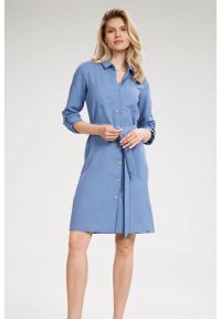 Sukienki.shop - Koszulowa sukienka szmizjerka z rękawem 3/4 niebieska. Okazja: na uczelnię, do pracy, na imprezę. Kolor: niebieski. Typ sukienki: szmizjerki, koszulowe #4