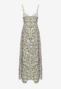 Born2be - Zielono-Beżowa Rozkloszowana Sukienka z Bawełny na Cienkich Ramiączkach z Gumką w Pasie i Haftem Xuretta. Okazja: na spacer, na imprezę. Typ kołnierza: dekolt w kształcie V. Kolor: zielony. Materiał: bawełna. Długość rękawa: na ramiączkach. Wzór: haft. Sezon: lato. Styl: boho #2