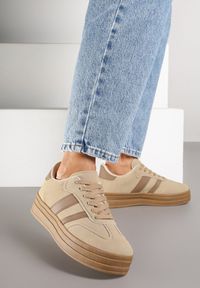 Renee - Ciemnobeżowe Sneakersy w Stylu Klasycznych Tenisówek na Platformie Nallania. Okazja: na spacer. Kolor: beżowy. Materiał: jeans. Obcas: na platformie. Sport: turystyka piesza #6