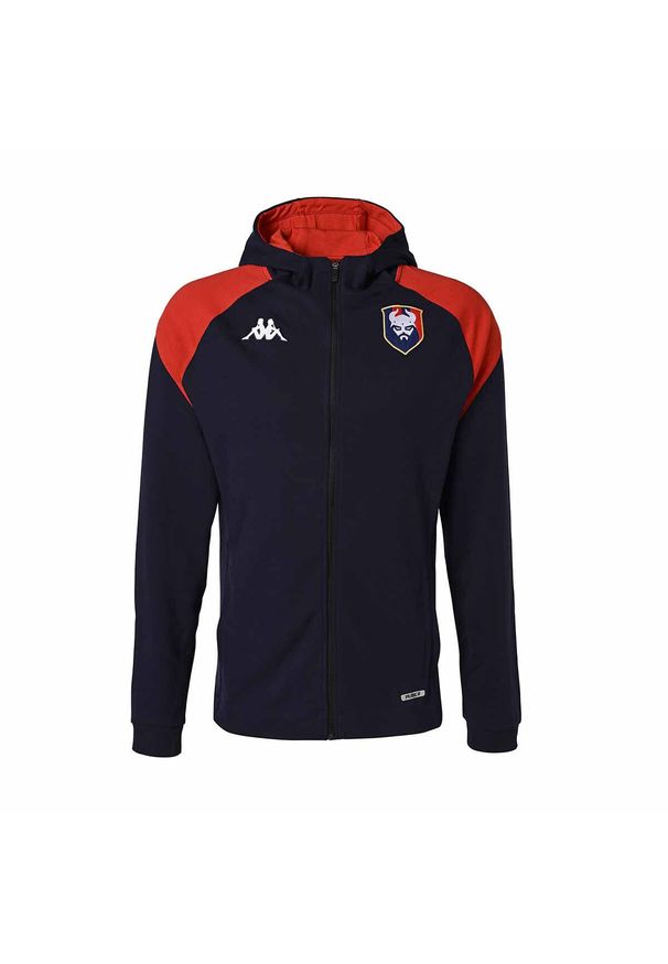 Kappa - Bluza dresowa z kapturem SM Caen Arufeod 2023/24. Typ kołnierza: kaptur. Kolor: niebieski, czerwony, wielokolorowy. Materiał: dresówka. Sport: piłka nożna