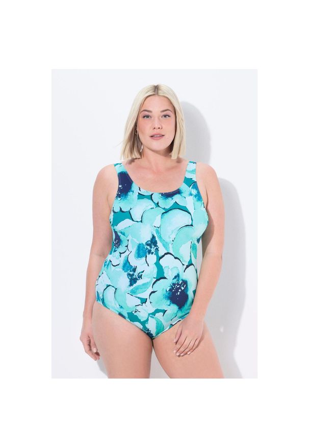 ULLA POPKEN - Damskie Strój kąpielowy liście bez miękkich miseczek. Kolekcja: plus size. Kolor: turkusowy, niebieski, wielokolorowy. Materiał: poliester, poliamid, materiał, elastan