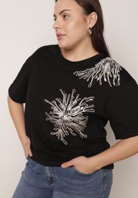 Born2be - Czarny T-shirt Bawełniany z Ozdobnymi Cekinami Greyfeather. Okazja: do pracy, na co dzień, na spotkanie biznesowe. Kolekcja: plus size. Kolor: czarny. Materiał: bawełna. Długość: długie. Wzór: gładki. Styl: elegancki, biznesowy, casual #7