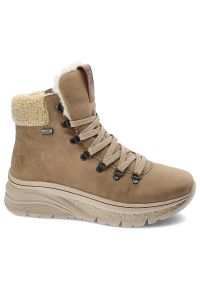 Brązowe Botki Rieker Ocieplane Obuwie Damskie. Okazja: na spacer, na co dzień. Kolor: beżowy. Materiał: skóra ekologiczna. Szerokość cholewki: normalna. Obcas: na obcasie. Styl: klasyczny, casual, elegancki. Wysokość obcasa: średni #3