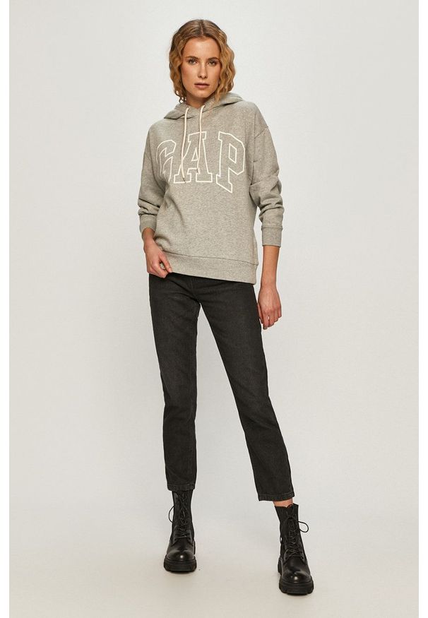 GAP - Bluza. Okazja: na co dzień. Typ kołnierza: kaptur. Kolor: szary. Materiał: dzianina. Długość rękawa: długi rękaw. Długość: długie. Styl: casual