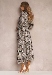 Renee - Beżowo-Czarna Sukienka Maxi z Wiązana w Pasie Rosali. Kolor: beżowy. Materiał: wiskoza, tkanina, materiał. Długość rękawa: długi rękaw. Typ sukienki: kopertowe. Długość: maxi #7