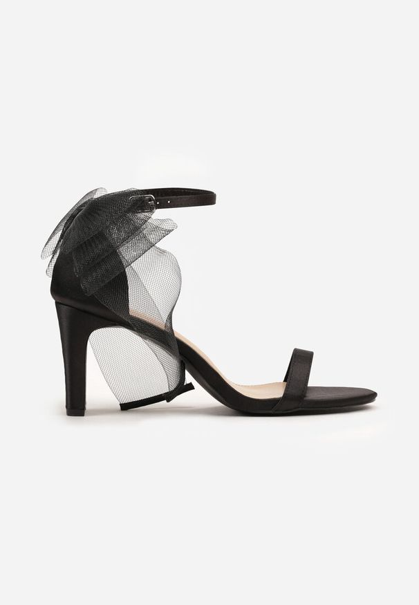 Renee - Czarne Eleganckie Sandały na Słupku Wykończone Kokardą z Tiulu Norivia. Kolor: czarny. Materiał: tiul. Wzór: aplikacja. Sezon: lato. Obcas: na słupku. Styl: elegancki