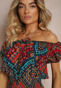 Renee - Czerwono-Niebieska Rozkloszowana Sukienka z Bawełny z Gumką w Talii Xenetta. Okazja: na co dzień. Typ kołnierza: dekolt w kształcie V. Kolor: czerwony. Materiał: bawełna. Długość rękawa: krótki rękaw. Sezon: lato. Typ sukienki: rozkloszowane. Styl: casual, elegancki