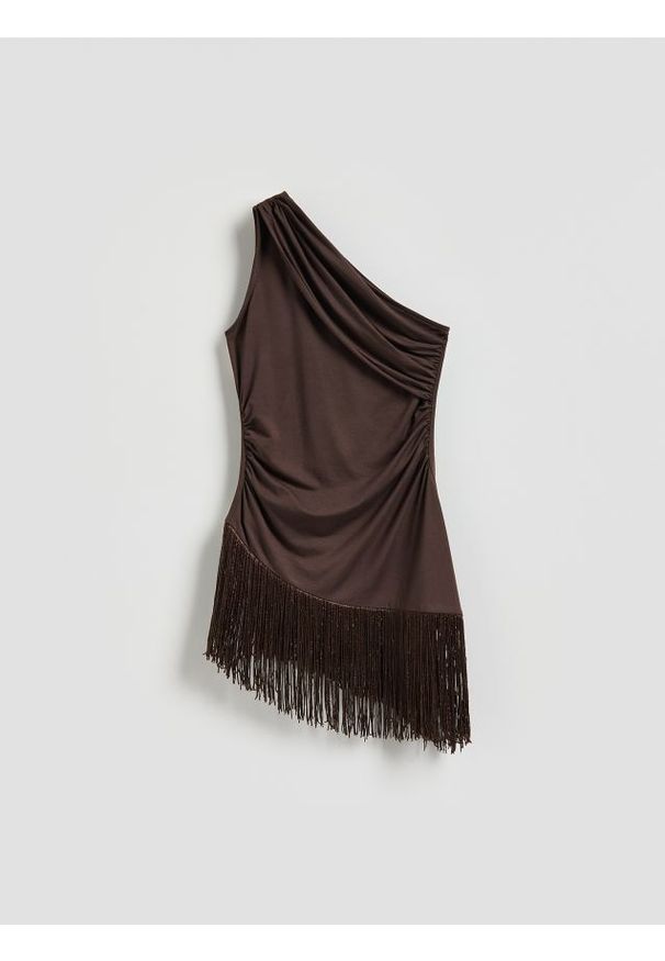 Reserved - Asymetryczna bluzka z frędzlami - brązowy. Kolor: brązowy. Materiał: dzianina, włókno