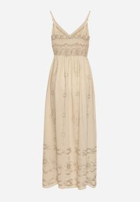 Born2be - Beżowa Rozkloszowana Sukienka na Ramiączkach z Wiskozy Zdobiona Haftem Ulonelitia. Okazja: na co dzień. Typ kołnierza: dekolt w serek. Kolor: beżowy. Materiał: wiskoza. Długość rękawa: na ramiączkach. Wzór: aplikacja, haft. Styl: casual, elegancki #3