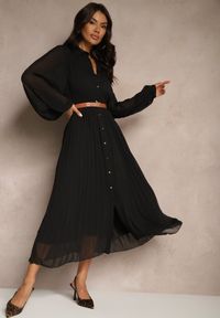 Renee - Czarna Koszulowa Sukienka z Plisami i Dodatkowym Paskiem Miarosea. Okazja: na spotkanie biznesowe, na spacer. Kolor: czarny. Typ sukienki: koszulowe. Styl: elegancki, biznesowy #4