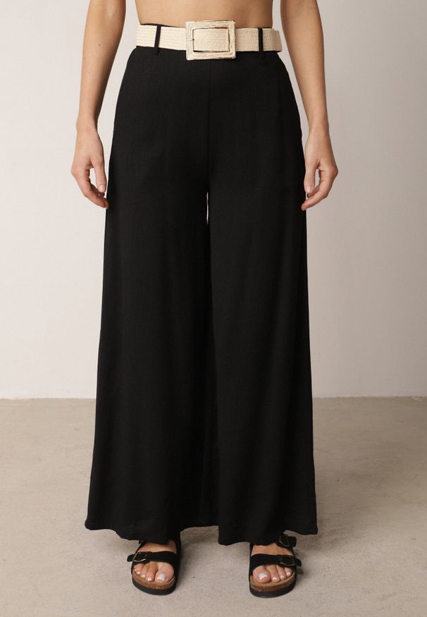 Born2be - Czarne Spodnie z Wiskozą o Szerokim Kroju z Wysokim Stanem i Paskiem Larailure. Okazja: na co dzień, do pracy. Stan: podwyższony. Kolor: czarny. Materiał: wiskoza. Długość: krótkie. Sezon: wiosna, lato. Styl: casual