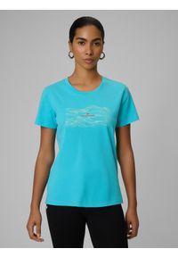 4f - 4F T-shirt regular z nadrukiem damski - turkusowy XS. Okazja: na co dzień. Kolor: turkusowy. Materiał: dzianina, bawełna. Wzór: nadruk. Styl: casual #1