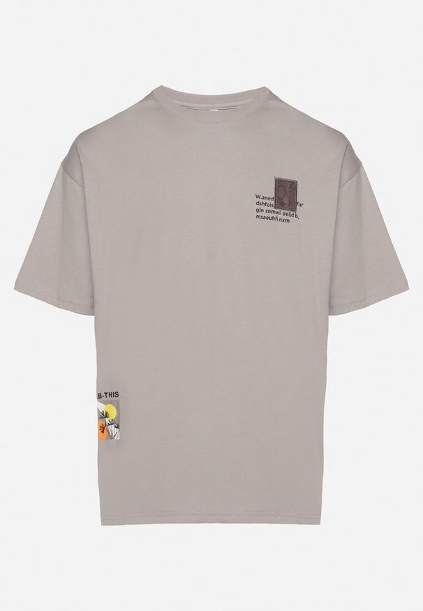 Born2be - Szara Koszulka T-shirt z Bawełny z Nadrukami Aerriana. Okazja: na co dzień. Kolor: szary. Materiał: bawełna. Wzór: nadruk. Styl: casual