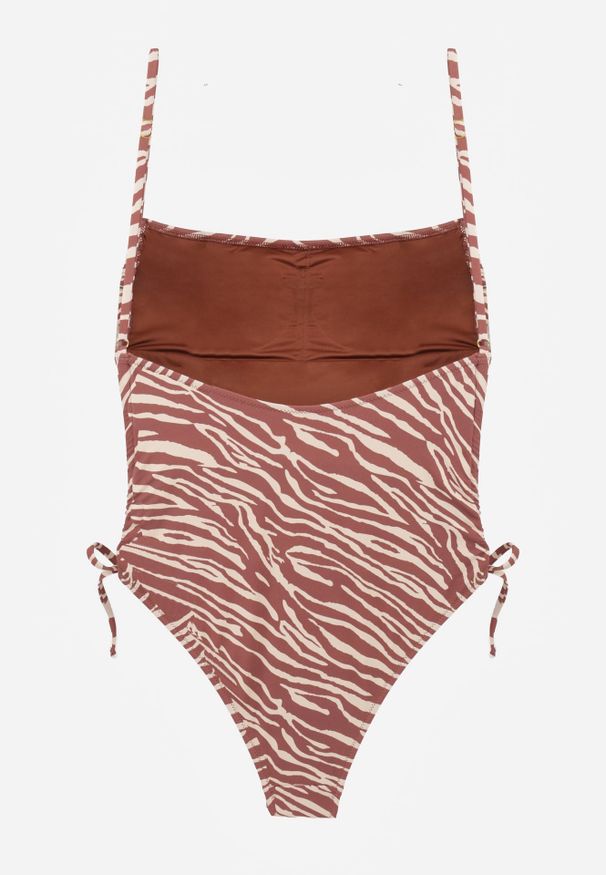 Renee - Brązowy Strój Kąpielowy z Odkrytymi Plecami i Wiązaniami Zarinania. Kolekcja: plus size. Kolor: brązowy. Materiał: koronka. Wzór: nadruk