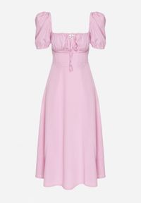 Born2be - Różowa Sukienka w Rustykalnym Stylu z Wiązaniem przy Dekolcie i Rozcięciem Idanillea. Okazja: na spacer, na co dzień. Typ kołnierza: dekolt kwadratowy. Kolor: różowy. Typ sukienki: rozkloszowane. Styl: casual #2