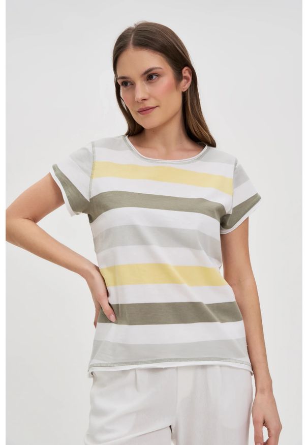 MOODO - Bawełniany t-shirt w paski biały. Kolor: biały. Materiał: bawełna. Wzór: paski