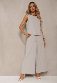 Renee - Szary Komplet z Bawełny Spodnie Culottes i Luźny Top Tinelia. Kolor: szary. Materiał: bawełna. Wzór: aplikacja