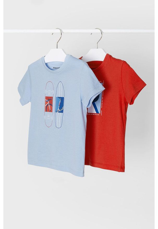 Mayoral T-shirt bawełniany dziecięcy (2-pack) kolor czerwony z nadrukiem. Okazja: na co dzień. Kolor: czerwony. Materiał: bawełna. Wzór: nadruk. Styl: casual