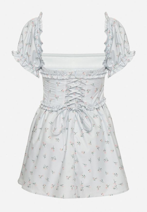 Born2be - Niebieska Sukienka Vices z Bufkami Falbankami i Wiązaniem w Kwiaty Tolalira. Okazja: na co dzień. Typ kołnierza: kołnierz z falbankami. Kolor: niebieski. Materiał: skóra. Wzór: kwiaty. Styl: klasyczny, casual, elegancki