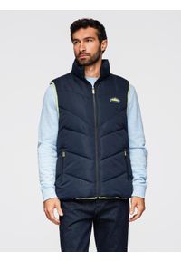 Ombre Clothing - Męski pikowany bezrękawnik z neonowymi akcentami – granatowy V3. Typ kołnierza: kołnierzyk stójkowy. Kolor: niebieski. Materiał: materiał, tkanina, guma, poliester, syntetyk. Długość rękawa: bez rękawów. Wzór: aplikacja