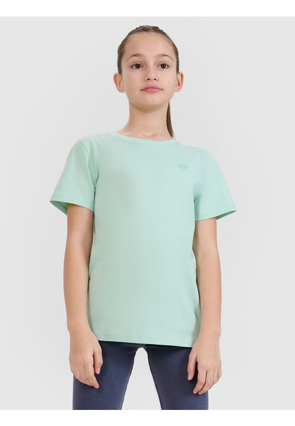 4f - 4F T-shirt regular gładki dziewczęcy - turkusowy 128 (7-8 lat). Okazja: na co dzień. Kolor: turkusowy. Materiał: dzianina, jersey, bawełna. Długość rękawa: krótki rękaw. Długość: krótkie. Wzór: gładki. Sezon: lato. Styl: casual, klasyczny, sportowy