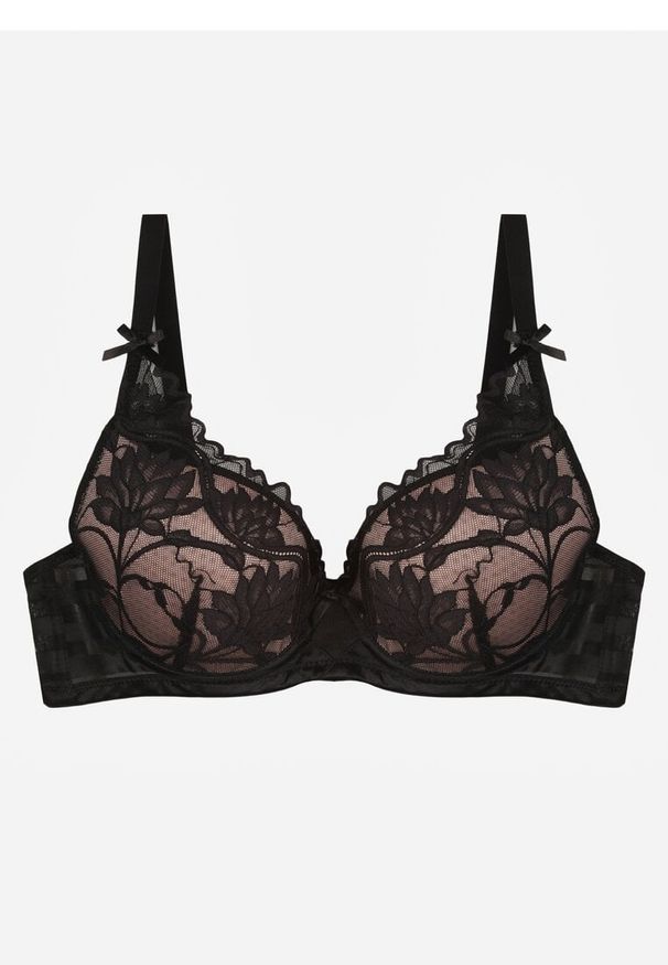 Born2be - Czarno-Beżowy Biustonosz Koronkowy z Kokardkami Themikaia. Kolor: czarny. Materiał: koronka