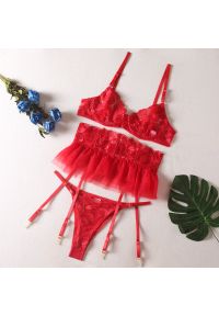 Intica - Komplet bielizny z regulowanymi paskami i przezroczystymi wstawkami Zakira. Kolor: czerwony. Materiał: materiał, skóra. Wzór: paski