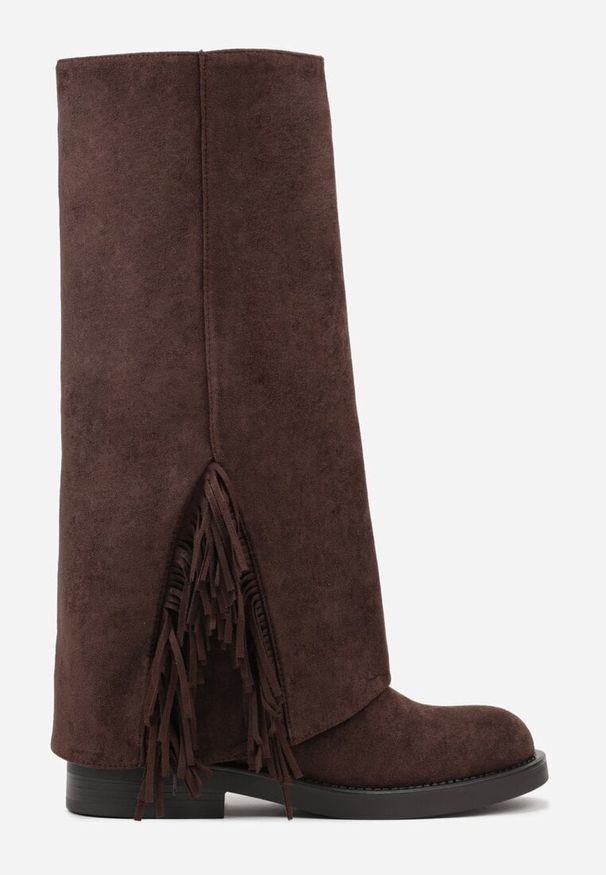 Born2be - Brązowe Kozaki z Wywiniętą Cholewką i Frędzlami Reisela. Okazja: na co dzień. Kolor: brązowy. Szerokość cholewki: normalna. Styl: casual