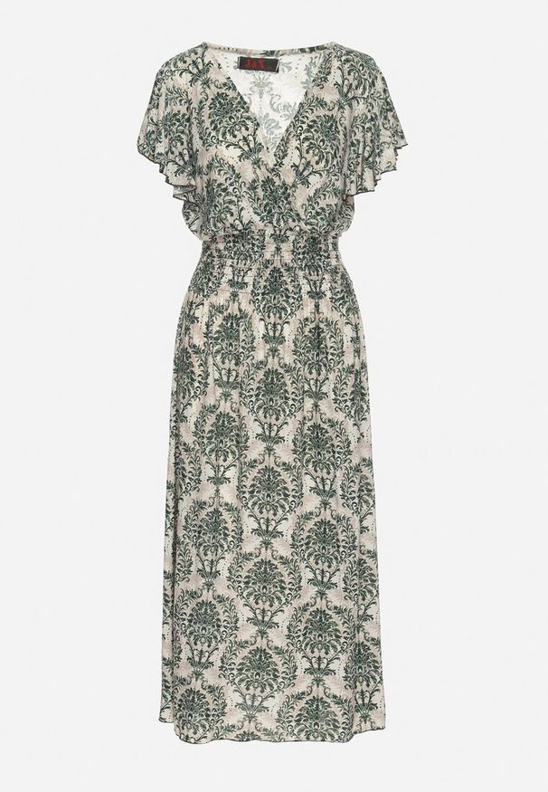 Born2be - Zielona Sukienka w Etno Wzór z Falbankami i Gumką w Pasie Ellivira. Okazja: na co dzień. Typ kołnierza: kołnierz z falbankami. Kolor: zielony. Typ sukienki: kopertowe. Styl: etno