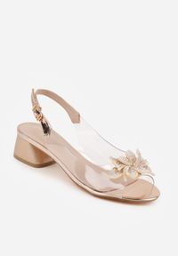 Born2be - Szampańskie Przezroczyste Sandały VICES na Obcasie z Kwiatem 3D i Cyrkoniami Kallinaera. Zapięcie: sprzączka. Kolor: złoty. Wzór: kwiaty. Obcas: na obcasie. Styl: elegancki. Wysokość obcasa: średni #9