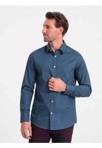 Ombre Clothing - Bawełniana koszula męska we wzory SLIM FIT - niebieska V4 OM-SHCS-0151 - XXL. Kolor: niebieski. Materiał: bawełna. Styl: klasyczny #5