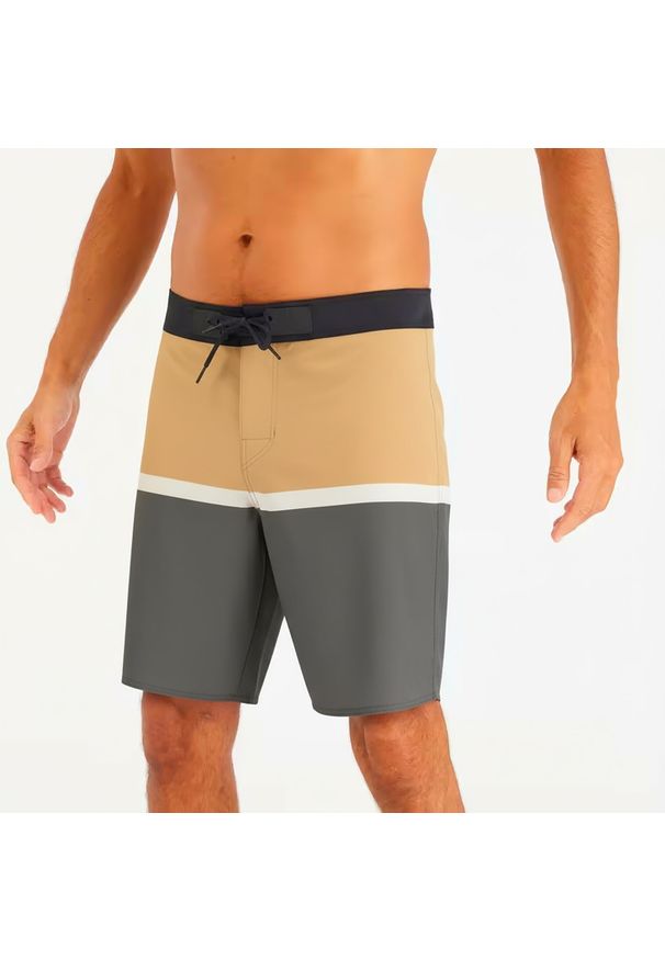 OLAIAN - Spodenki surfingowe standardowe męskie Olaian 900 Dude Flat Belt. Kolor: wielokolorowy, czarny, zielony. Materiał: poliester, materiał, elastan. Wzór: aplikacja. Styl: klasyczny