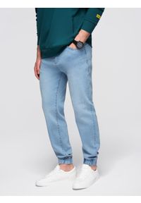 Ombre Clothing - Męskie spodnie jeansowe JOGGERY z klasyczna opaśnicą - jasnoniebieskie V1. Okazja: na co dzień. Kolor: niebieski. Materiał: jeans. Styl: klasyczny #10
