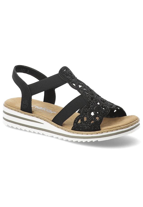 Sandały damskie Rieker, cholewka ze skóry ekologicznej z ażurowym wzorem elastyczne paski płaska podeszwa, czarne, V0646-00. Okazja: na co dzień. Zapięcie: pasek. Kolor: czarny. Materiał: skóra ekologiczna. Wzór: ażurowy, paski. Sezon: lato. Obcas: na płaskiej podeszwie. Styl: casual, klasyczny, elegancki