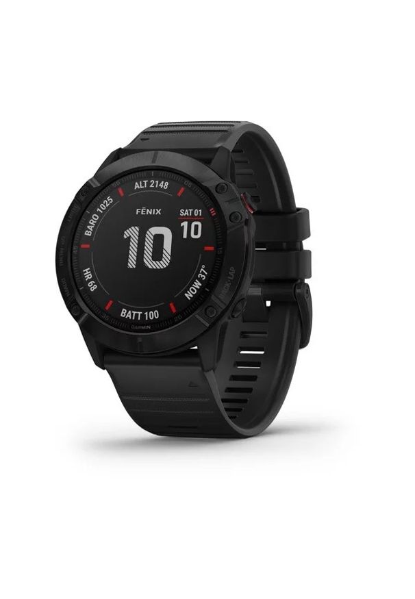 GARMIN - Zegarek sportowy Garmin Fenix 6X PRO z czarnym paskiem. Rodzaj zegarka: cyfrowe. Kolor: czarny. Materiał: materiał. Styl: sportowy