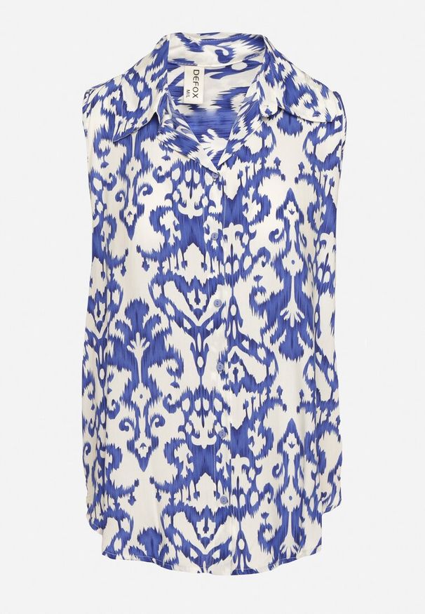 Born2be - Niebieska Bawełniana Koszula Bez Rękawów w Ornamentalny Wzór Jenalea. Okazja: na co dzień. Typ kołnierza: kołnierzyk klasyczny. Kolor: niebieski. Materiał: bawełna. Długość rękawa: bez rękawów. Styl: elegancki, klasyczny, casual