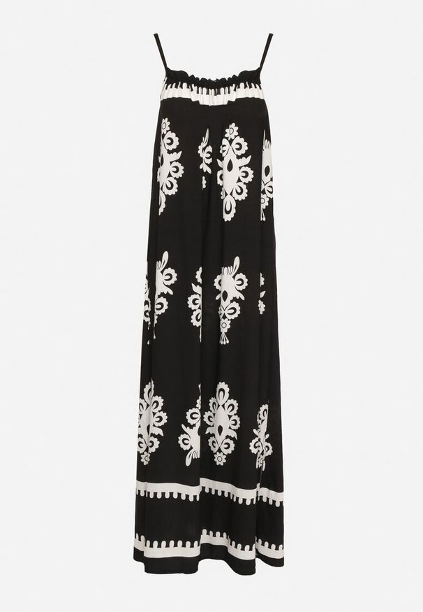 Born2be - Czarna Sukienka o Rozkloszowanym Kroju na Ramiączkach w Etniczny Wzór Revoniae. Okazja: na co dzień. Typ kołnierza: dekolt w kształcie V. Kolor: czarny. Długość rękawa: na ramiączkach. Styl: casual, elegancki