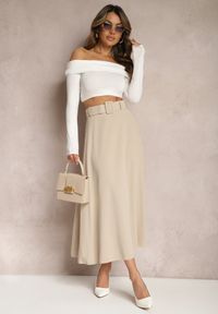 Renee - Jasnobeżowa Rozkloszowana Spódnica Maxi z Paskiem i Klamrą Adlirca. Okazja: na co dzień. Kolor: beżowy. Materiał: materiał. Wzór: gładki. Styl: casual #2
