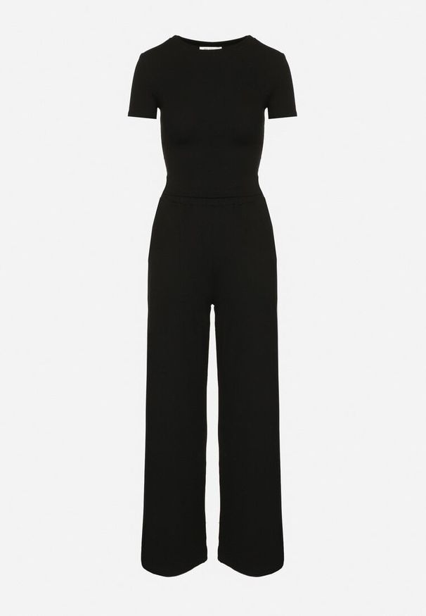 Born2be - Czarny Bawełniany Komplet Dopasowany T-shirt i Szerokie Spodnie Neliava. Kolor: czarny. Materiał: bawełna