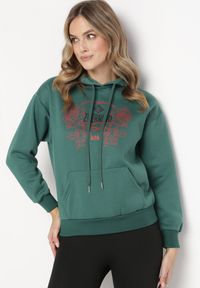 Born2be - Zielona Bluza z Kapturem i Nadrukiem oraz Ściągaczami Apperforda. Typ kołnierza: kaptur. Kolor: zielony. Materiał: polar. Wzór: nadruk