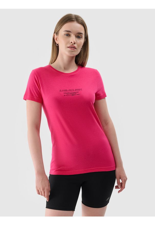4f - 4F T-shirt slim z nadrukiem damski - różowy S. Okazja: na co dzień. Kolor: różowy. Materiał: dzianina, materiał, jersey. Wzór: nadruk. Styl: klasyczny, sportowy, casual