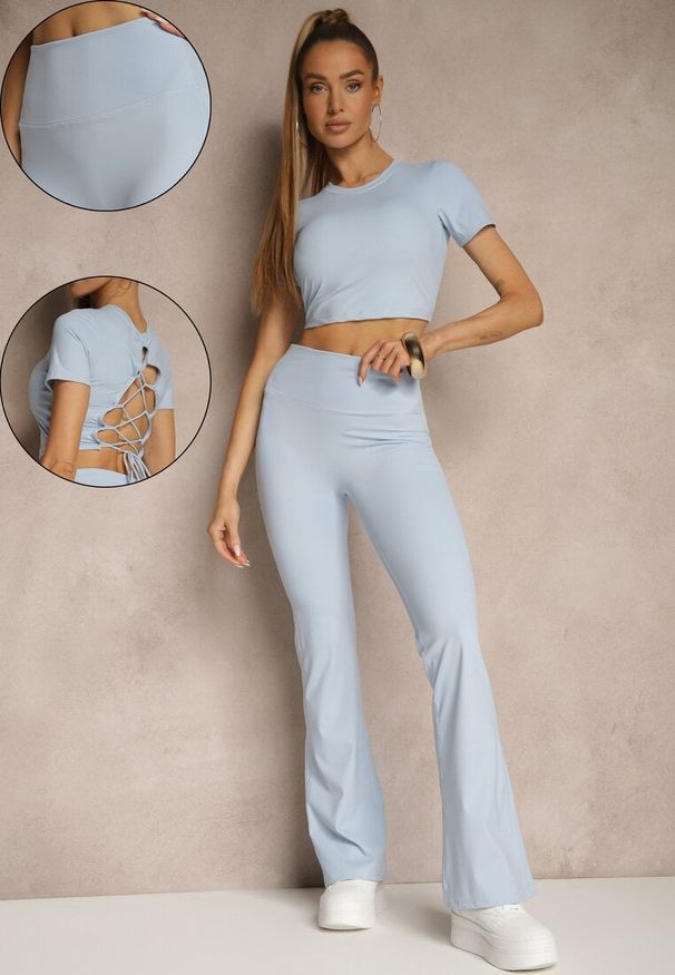 Renee - Jasnoniebieski Komplet Sportowy Spodnie i Koszulka Ozdobiona Sznurowaniem Lumileine. Kolor: niebieski. Wzór: aplikacja