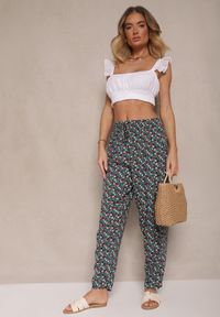 Renee - Zielono-Czarne Spodnie z Wiskozy High Waist w Kwiatowy Wzór Liosena. Okazja: na co dzień. Stan: podwyższony. Kolor: zielony. Materiał: wiskoza. Wzór: kwiaty. Styl: casual #5