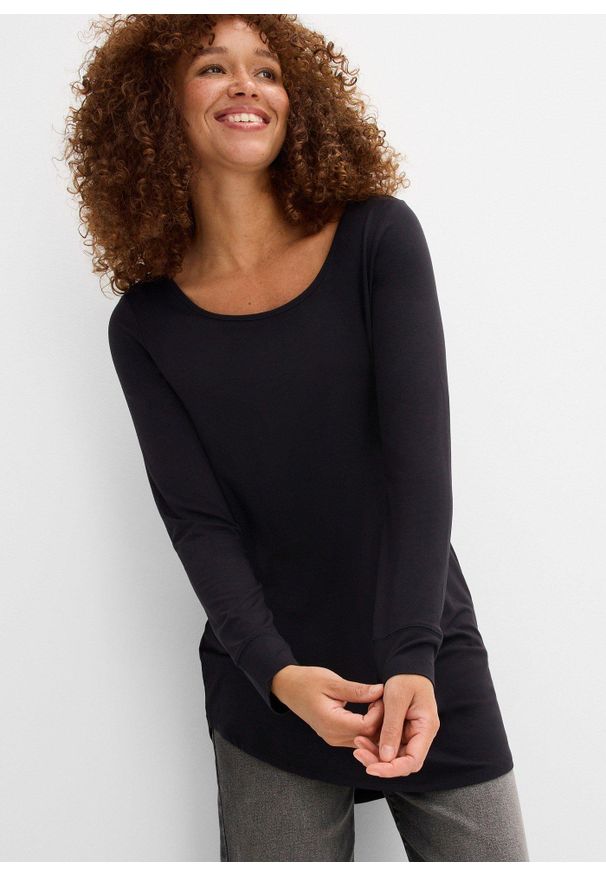 bonprix - Długi shirt z wiskozy, długi rękaw. Kolor: czarny. Materiał: wiskoza. Długość rękawa: długi rękaw. Długość: długie