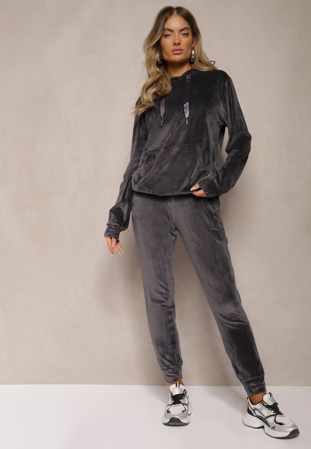 Renee - Ciemnoszary Komplet Dresowy z Dodatkiem Bawełny Spodnie z Gumką w Pasie Bluza z Kapturem Reseria. Kolor: szary. Materiał: bawełna, dresówka