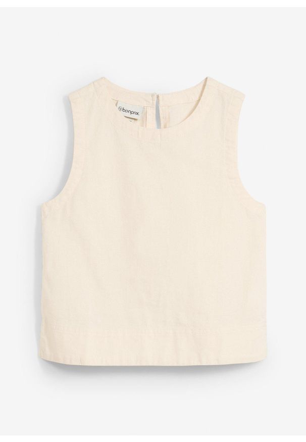 bonprix - Top bluzkowy z chłodzącego materiału z lnem. Kolor: beżowy. Materiał: len, materiał. Wzór: gładki