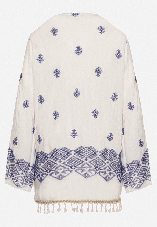 Born2be - Białe Bawełniane Ponczo z Haftem Cekinami i Frędzlami Nalurina. Okazja: na co dzień, na plażę. Kolor: biały. Materiał: bawełna. Wzór: haft. Sezon: lato. Styl: casual