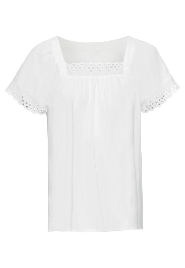 Shirt bluzkowy z ażurową koronką bonprix biel wełny. Kolor: biały. Materiał: wełna, koronka. Wzór: ażurowy, koronka