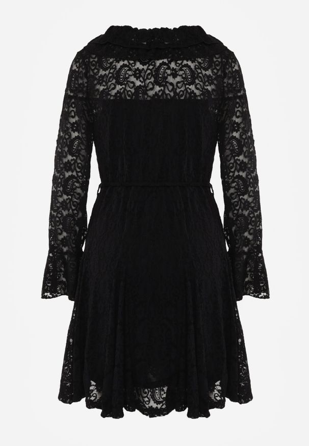 Born2be - Czarna Koronkowa Sukienka z Cienkim Paskiem i Rozkloszowanymi Rękawami Jovaila. Okazja: na co dzień. Typ kołnierza: kołnierz z falbankami. Kolor: czarny. Materiał: koronka. Długość rękawa: na ramiączkach. Wzór: koronka. Typ sukienki: rozkloszowane. Styl: casual, klasyczny